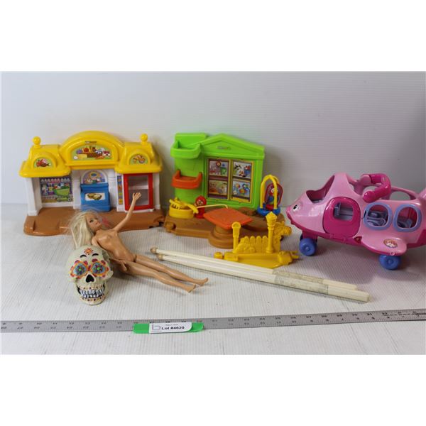 Vic Virth Thomas Lang Drumsticks, Artificial Skull, Toy Plane, (2) Little People Shops, Barbie