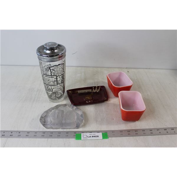 (2) Orange Dishes, Tray, Cocktail Mixer Measuring Dish, Walrus Glass Art