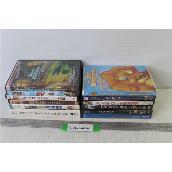 (12) DVDs - Narnia - RV - Broken Bridges - Playing For Keeps - Rain Man - Fast & Furious