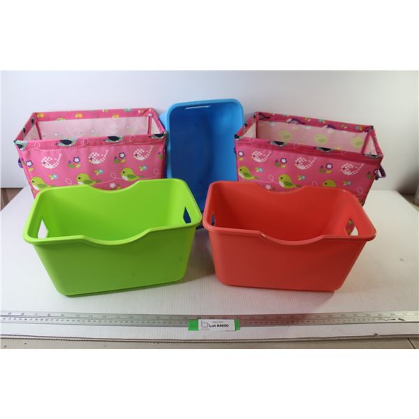 (2) Wire Framed Cloth Baskets - (3) Plastic Bins