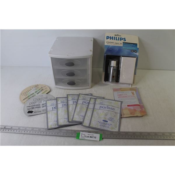 Sterilite Drawered Organizer - Sheet Masks - Peel-off Mask - Foot Mask - Philips CD/DVD Repair Kit