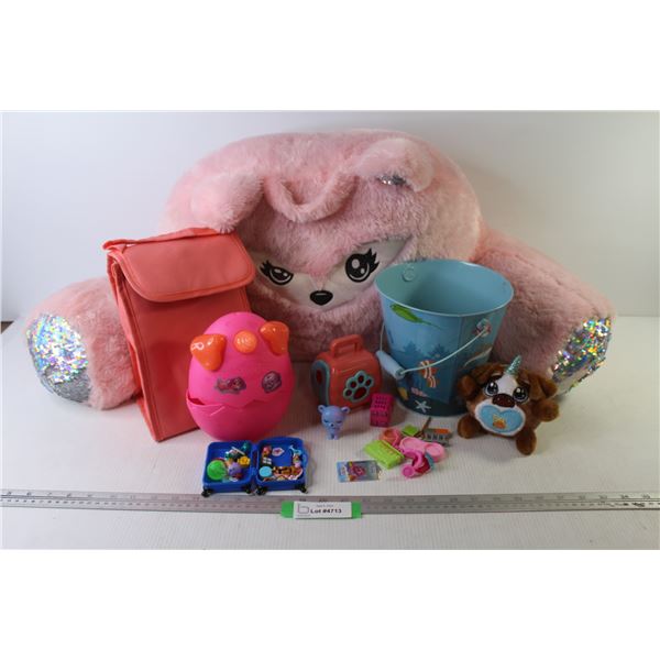 Metal Pail - Fuzzy Chair Cushion - Lunch Bag - Assortment of Small Toys
