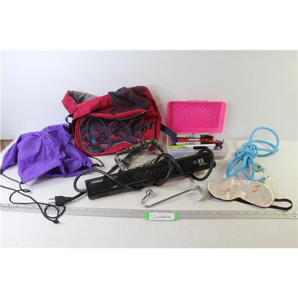 Power Bar w/USB Charge - Plastic Container of Pens & Sharpies - Extension Cord - Backpack