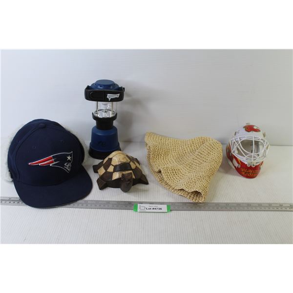 Woven Hat - Carved Wooden Turtle - Calgary Flames Collector Helmet - Patriots Hat w/Earmuffs - Batte