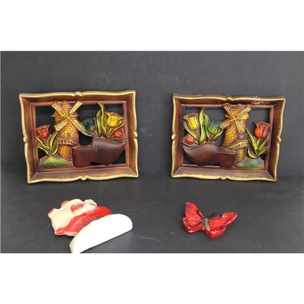 (4) Chalkware and Ceramic Wall Hanging Decorations - Butterfly, Sailing Ship and Windmill View