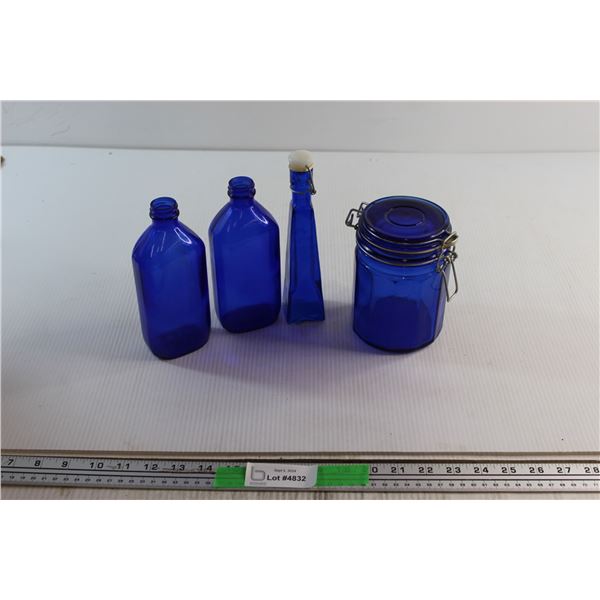 (3)  Blue Glass Bottles and Sugar Jar