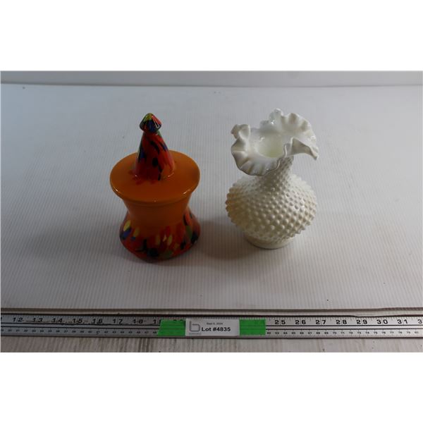 End of Day Glass Candy Jar( Repaired) and Fenton Hobnail Vase