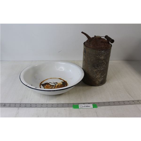 9 1/2" Tall Galvanized Jerry Can, Enamel Bowl