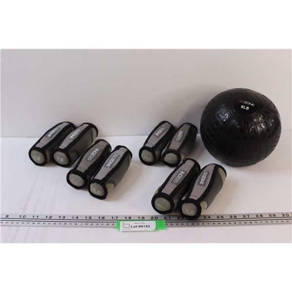 (4) Sets of Walking 1lb Weights & (1) 8lb Workout Ball