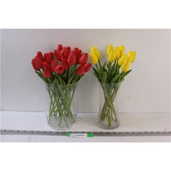 (2) Bunches of Faux Tulips (Red & Yellow) in Glass Vases - 14" Tall Tulips