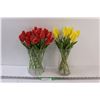 Image 1 : (2) Bunches of Faux Tulips (Red & Yellow) in Glass Vases - 14" Tall Tulips