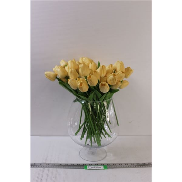 Bunch of Off-White Faux Tulips in Glass Vase - Total Height 16" Tall w/Vase