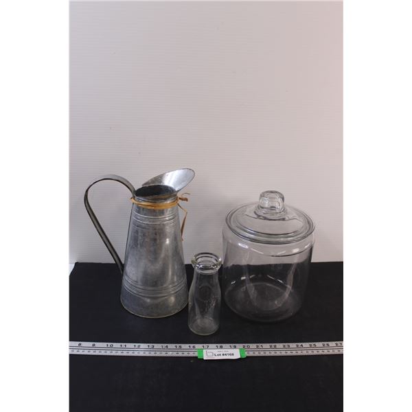 Glass Storage Container w/Lid - 10" x 7", Metal Vase - 12" Tall, Glass Milk Jar - 6" Tall