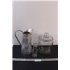 Image 1 : Glass Storage Container w/Lid - 10" x 7", Metal Vase - 12" Tall, Glass Milk Jar - 6" Tall