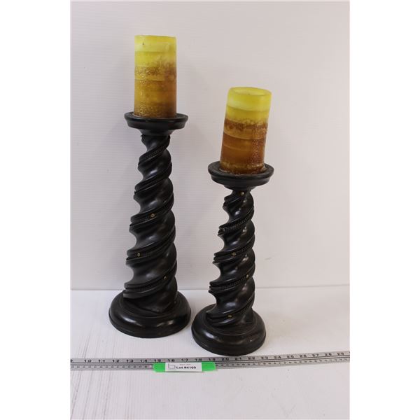 (2) Wooden Candle Holders w/ Candles - 17" & 14" Tall