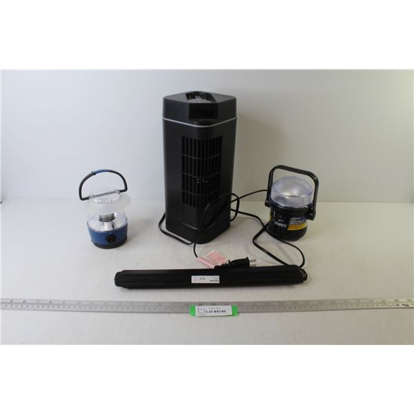 Black Stone Fan (has built in timer - powers on) - (2) Battery Lanterns (untested) - Drawer Slider?)