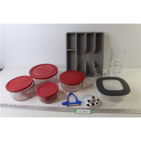 (4) Anchor Bowls w/Lids (lids are cracked/worn) - Rubbermaid Container - Glasses - Cutlery Tray - Mi