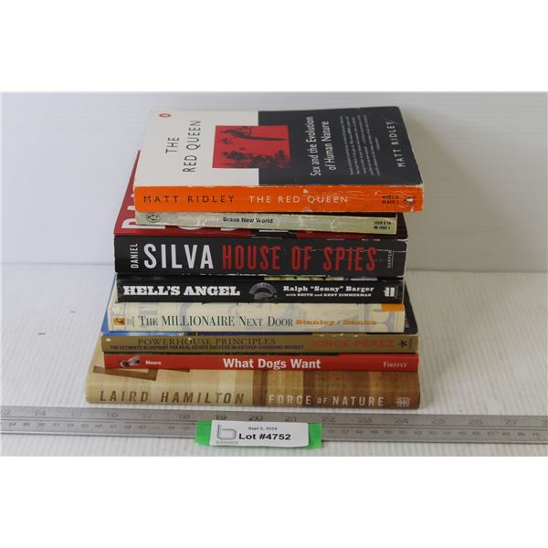 (8) Books - Brave New World - Hell's Angles - The Red Queen - What Dogs Want - House of Spy's