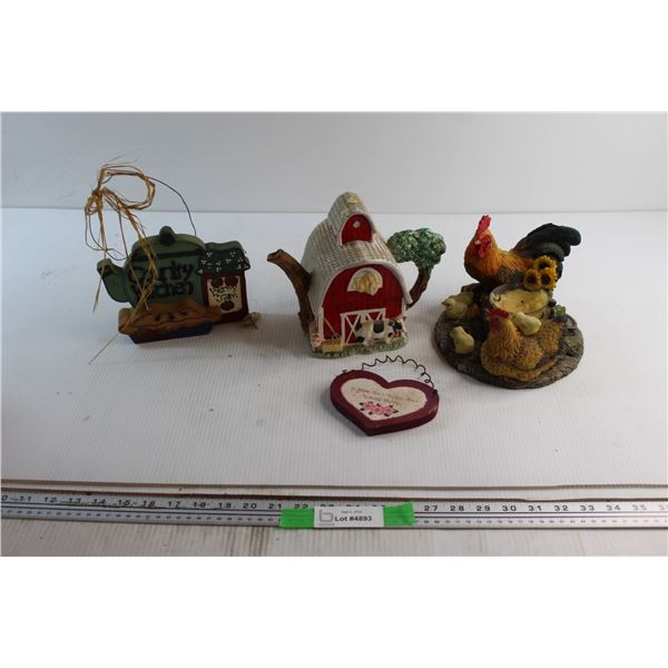 Barn Styled Tea Pot, Chicken Nest Candle Holder and Assorted Decorations
