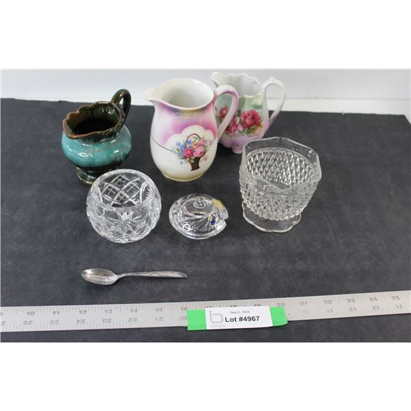 (3) China Cream Cups, (2) Glass Sugar Dishes, Decorative Spoon/Small Spoon
