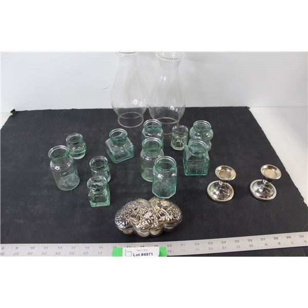 (11) Glass Jars, (2) Chimneys, Jewelry Case, (2) Candle Holders