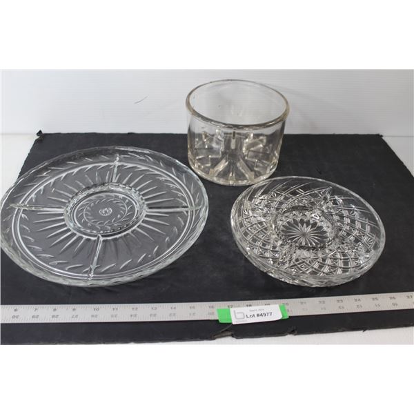 (2) Glass Divided Serving Trays, Glass Bowl