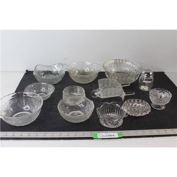 Assorted Glass Bowls, Glass Wheelbarrow, Spice Shaker