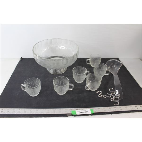 Glass Punch Bowl with (6) Cups, Hooks, Punch Spoon