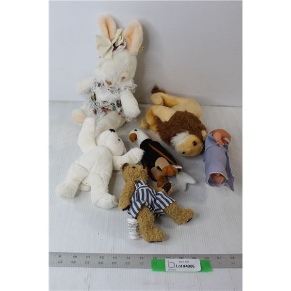 Baby Doll, (2) Teddy Bears, Geo Pal Eagle, Lion Plushie Stuffy, Rabbit With Skirt Plushie