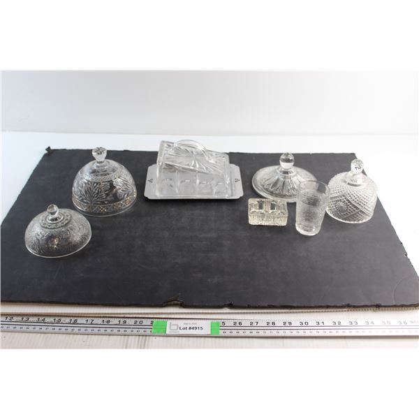 (4) Glass Lids, Cheese Dish, Glass and Ash Tray