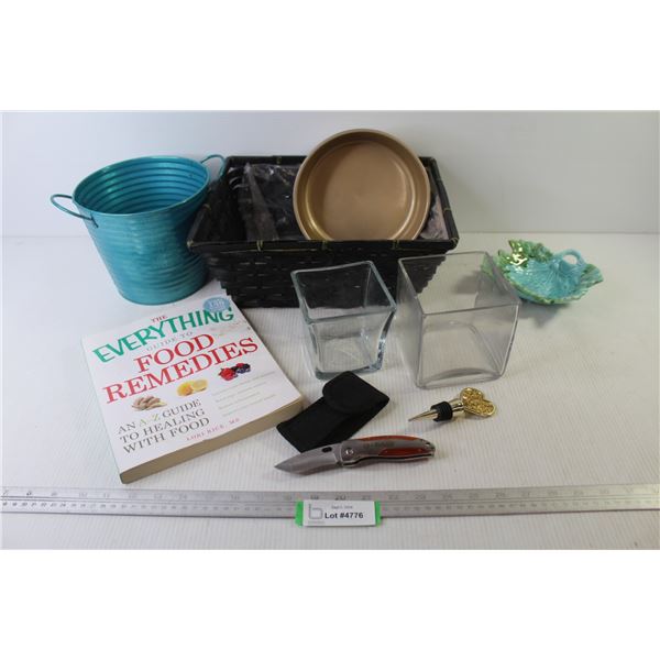 Woven Basket - Metal Pail - Ceramic Plant Pot/Bowl (7.5") - Ceramic Leaf Dish - (2) Glass Plant Pots