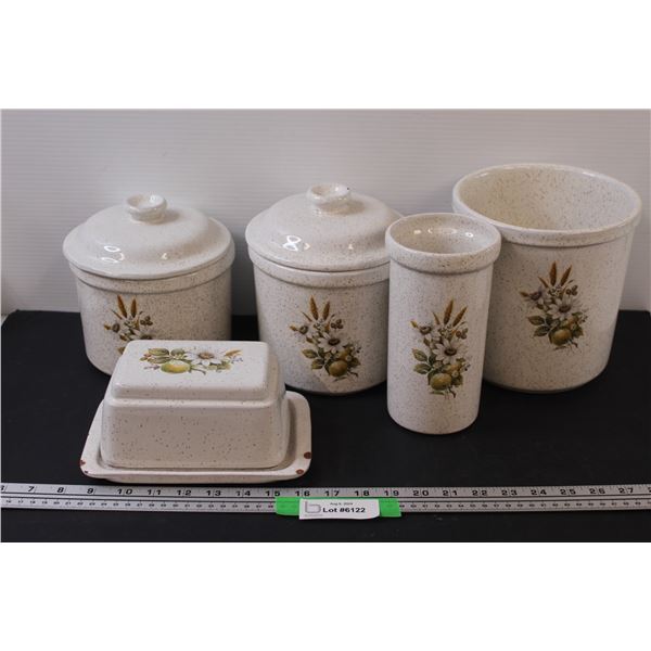 Vintage Stoneware Kitchen Set - (3) Cannister(One Missing Lid, Lid Has Chip Butter Dish (Has Chips),