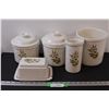 Image 1 : Vintage Stoneware Kitchen Set - (3) Cannister(One Missing Lid, Lid Has Chip Butter Dish (Has Chips),