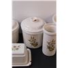 Image 2 : Vintage Stoneware Kitchen Set - (3) Cannister(One Missing Lid, Lid Has Chip Butter Dish (Has Chips),