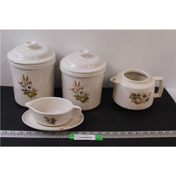 Vintage Stoneware Kitchen Set - (2) Cannisters, Pot, and Gravy Boat