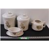Image 1 : Vintage Stoneware Kitchen Set - (2) Cannisters, Pot, and Gravy Boat