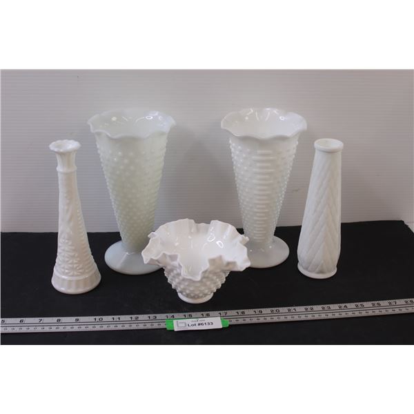 (5) Milk Glass Hobnail Vases