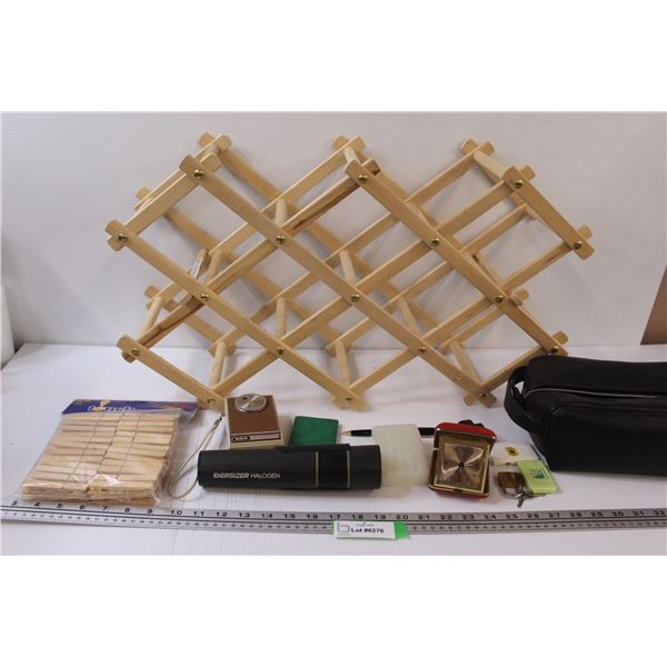 Ikea Wine Rack, End Table Foldable Clock, Flashlight, Clothespins, Misc.
