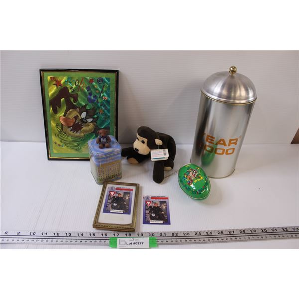 Lot: Tasmanian devil Picture & Ornament, Year 200 Tin, Monkey Plush