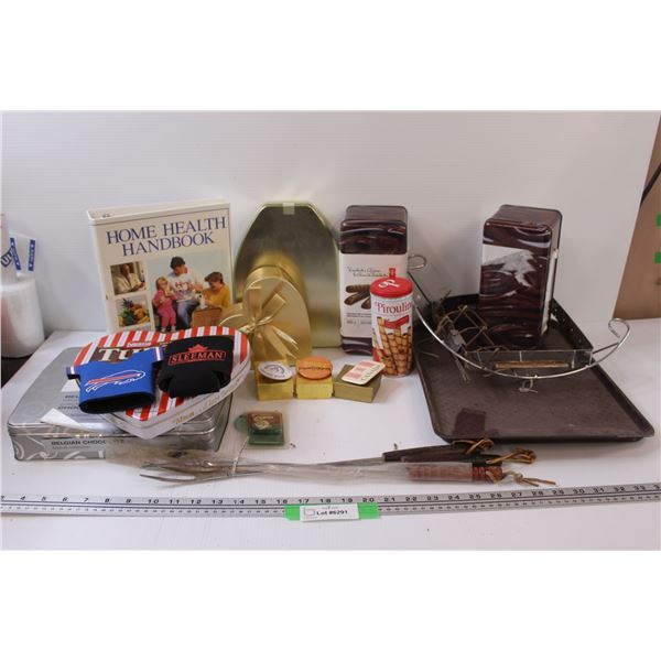 Chocolate Tins, Beer Cozys, BBQ Forks, Misc.