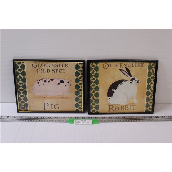 (2) Old English Prints (Pig & Rabbit) - 10" x 8" (One Frame Has Some Damage as Pictured)