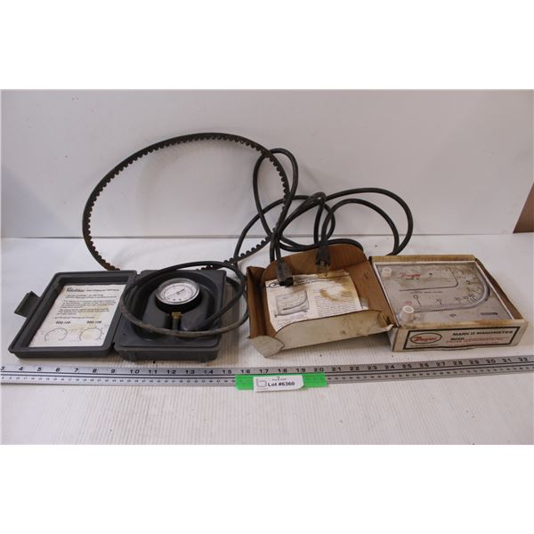 Robertshaw Gas Pressure Tester (As is) & Dwyer Manometer (As is), Extension Cord & Belt
