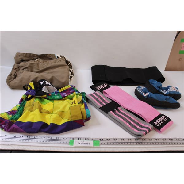 (2) Men's Swim Shorts (Size 36), (3) Exercise Belts, Hockey Skate Blade Protectors, Back Brace