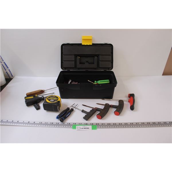 Plastic Tool Box w/ Screwdrivers, Wrenches, Stanley Tape Measure, Misc.