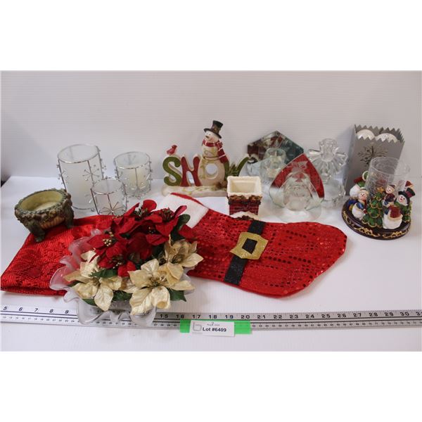 Christmas Lot: Stocking, Candle Holders, Snowmen, Poinsettias, Misc.