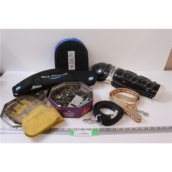 Cooper Hockey Knee Guards, Work Gloves, Assorted Hardware in tin, (2) Dog Leashes, Misc.