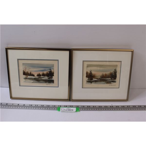 (2) Vintage Stelle Abrams Watercolors Pictures - 9" x 10.5"