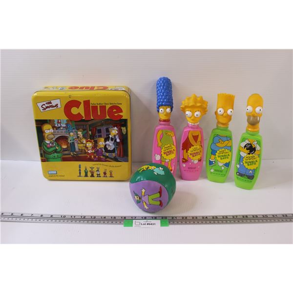 Simpsons Clue Game (Not Complete) & (4) Simpsons Bubble Bath (Some Has Contents), Soft Play Ball