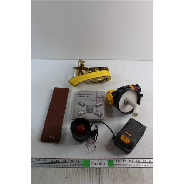 Ratchet Strap, Wheel Locks Set, Sand Paper and Misc.
