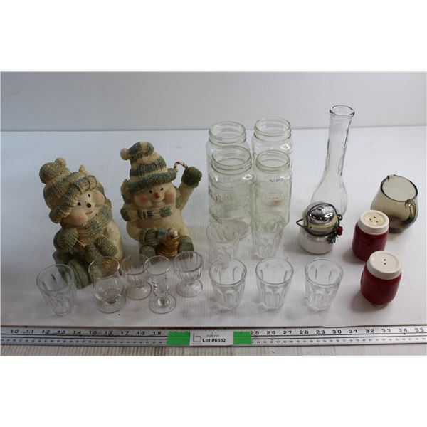 (2) Decorative Snowman Figures, Assorted Shot Glasses (3) Jars and Misc.